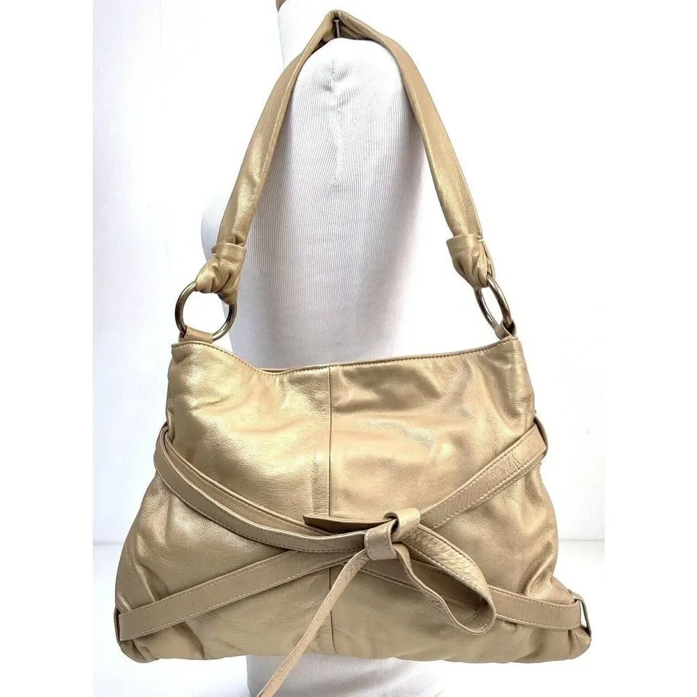 LARGE Goldenbleu GOLD GENUINE LEATHER PINK SUEDE LINED SHOULDER BAG HOBO